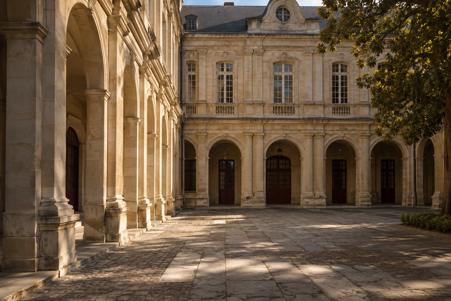 Sunlit limestone arches in an empty academic courtyard