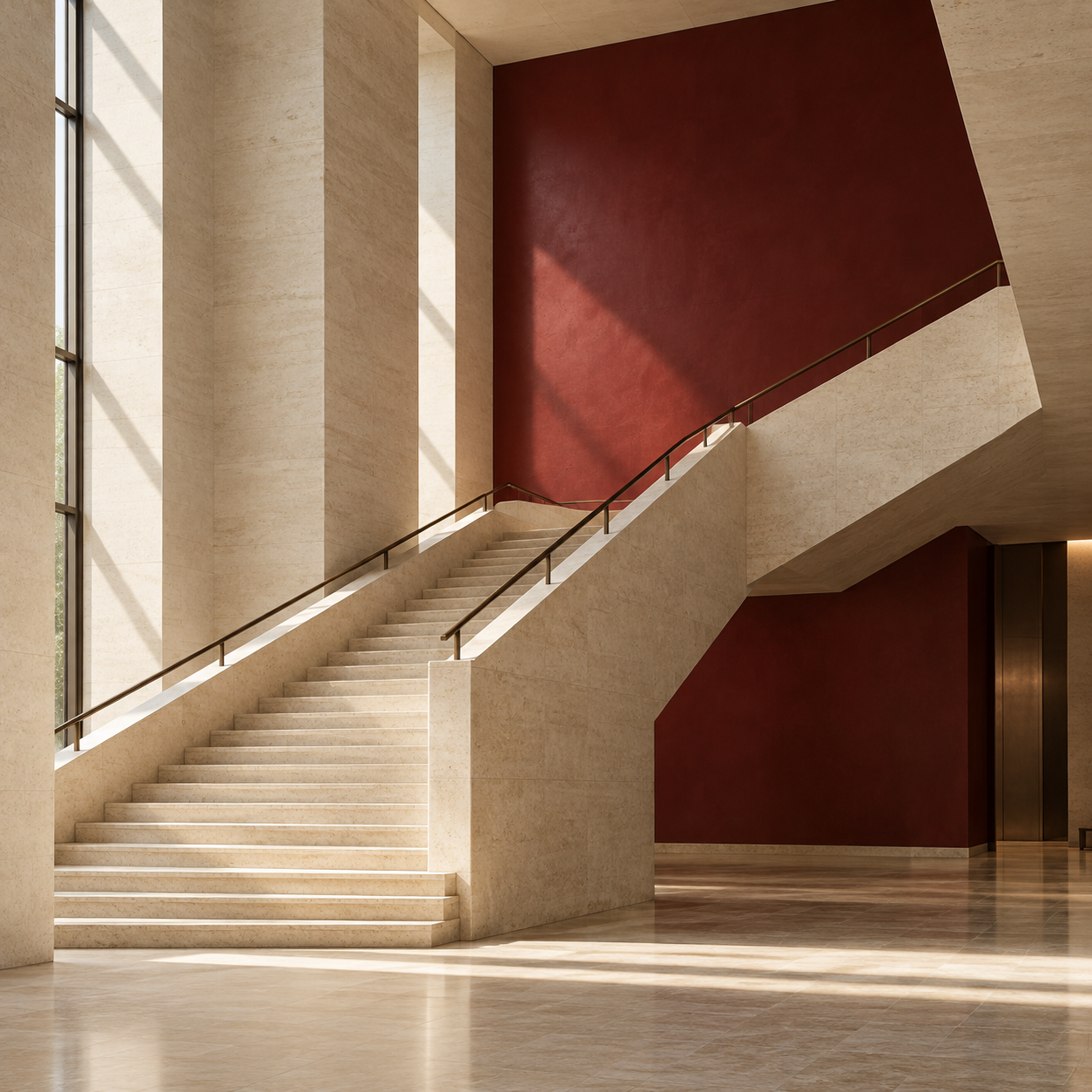 Cream stone staircase in a quiet burgundy academic atrium