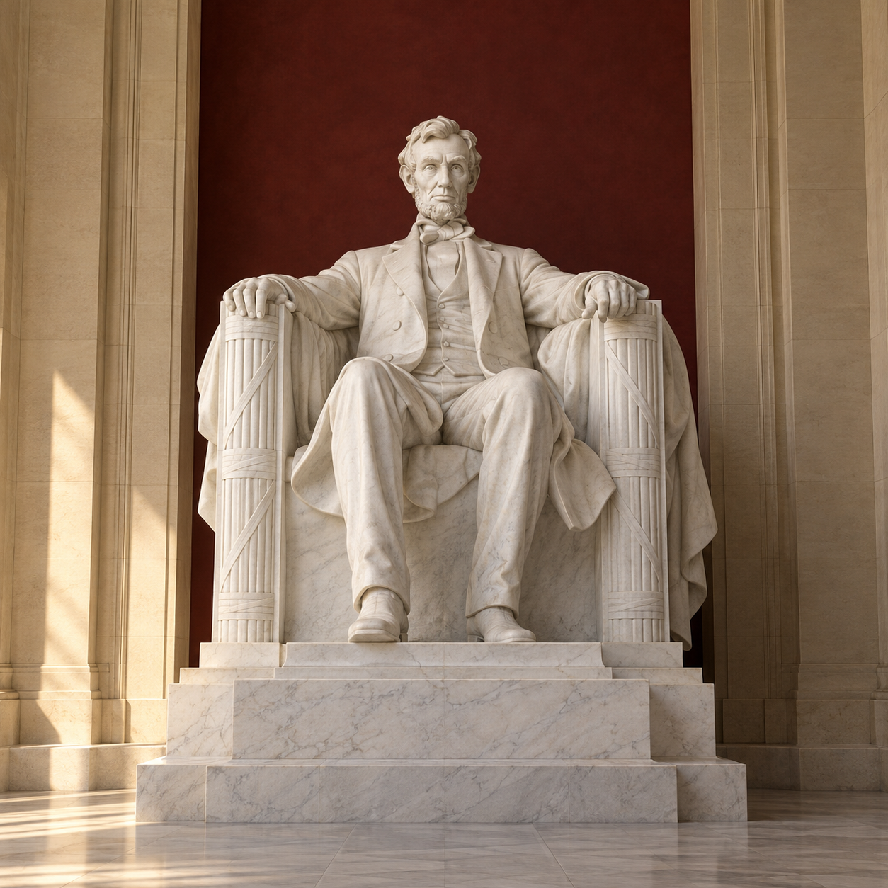 A generated marble seated Abraham Lincoln statue against burgundy and cream academic architecture
