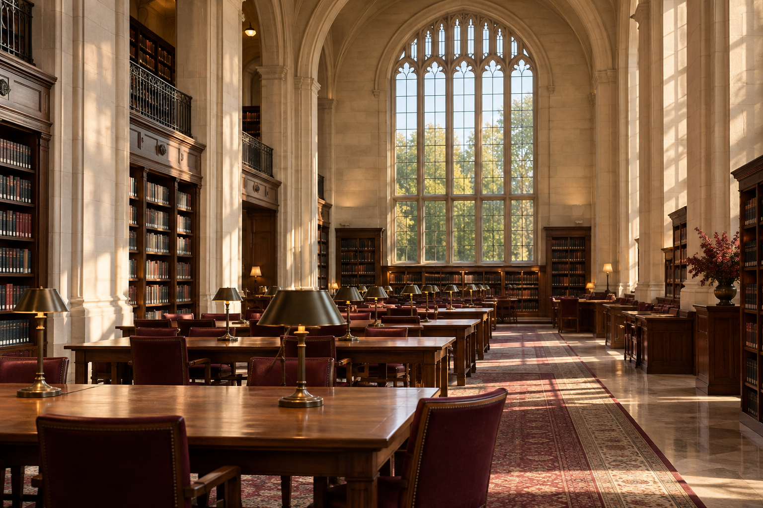 Empty academic reading room with warm stone and wooden tables