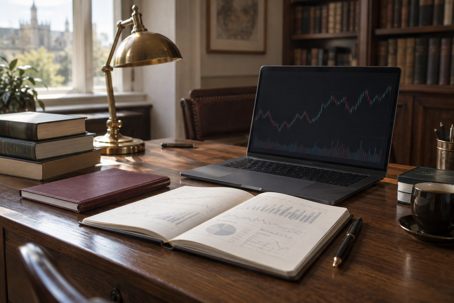 A quiet financial research desk with books, notes, and a laptop